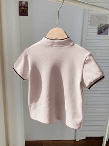 1pc Young Boys Casual Fitted Graphic Knit Short Sleeve Polo Shirt, Suitable For Daily Wear, School, Travel, Sports, Spring/Summer - Khaki - View 2