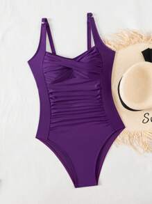 SHEIN Swim 1pc Women's Crossover Ruched Front One-Piece Swimsuit, Beach Holiday Bikini - Purple - View 4