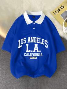 Aesthetic Post 男士撞色领字母印花短袖 Polo 衫 - 藍色 - 查看 1