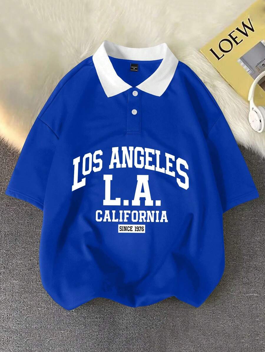 Aesthetic Post 男士撞色领字母印花短袖 Polo 衫 - 藍色 - 查看 1