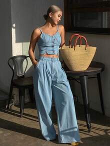 DAZY Traje casual de mezclilla vintage lavado para mujer, estilo coreano de verano para talla pequeña - Azul - Ver 3