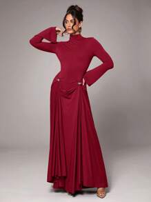 SHEIN BAE Spring Summer Solid Color Long Sleeve Minimalist Sexy Elegant Metal Decoration Dress, Suitable For Cocktail Parties, Romantic Dates, Autumn/Winter Base Layer Dress, Gatherings, Parties, Bridesmaid Dresses, Night Outings, Halloween Dresses, Christmas Dresses - Burgundy - View 4
