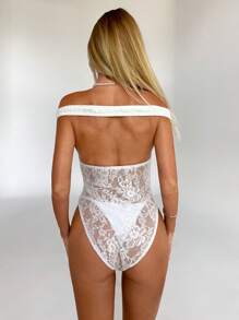 Aloruh Body elegante y sexy con hombros descubiertos y espalda descubierta con encaje, atuendo para conciertos, vacaciones y primavera para mujer - Blanco - Ver 2