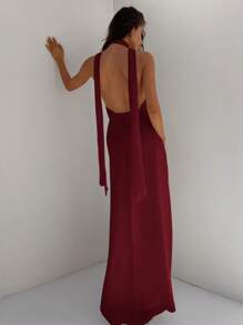 Aloruh Women's Deep V-Neck Backless Dress, Chiffon Flowing Ruffle Tie Waist A-Line Long Suitable For Weddings, Parties, Vacations, Spring/Summer Burgundy - Burgundy - View 2