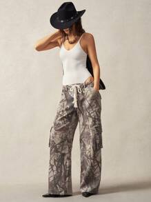 Bohemela Boho Women's Low-Waisted Relaxed Fit Washed Tree Branch Printed Cargo Pants - Grey - View 6