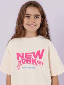 SUMWON Camiseta corta para adolescentes de NYC con gráfico impreso de la Quinta Avenida, estilo casual de moda callejera para el verano, regreso a la escuela, ropa urbana, básico genial