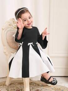 Baby Girl Bowknot Minimalist Fashion Long Sleeve Dress, Suitable For Summer,Holiday,Summer, Travel - Black and White - View 1