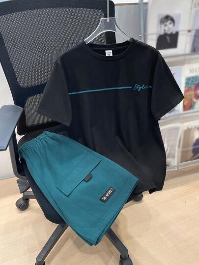 SHEIN Tween男孩鬆身休閒圓領字母印花短袖T恤和短褲套裝