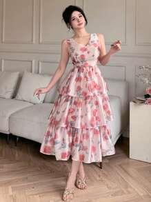 DAZY Vestido midi con cuello en V floral y sin mangas, con volantes, para mujer