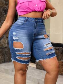 SHEIN SXY Plus Size Denim Shorts, Casual And Fashionable, Suitable For Summer - Blue - View 3