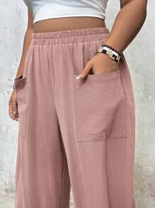 SHEIN VCAY Quần dài đến mắt cá chân có túi viền rộng cỡ lớn - Màu Hồng baby - Xem 6