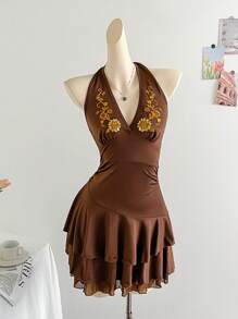 Soleia Đầm ôm sát cơ thể kiểu phương Tây thêu nơ thắt nơ lễ hội âm nhạc - Cà phê - Xem 1