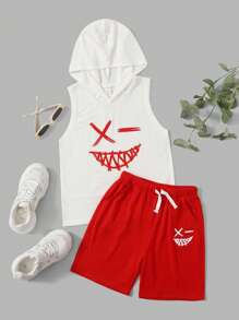SHEIN Leap Crew Tween Boy Cartoon Graphic Hooded Top & Drawstring Waist Shorts - Red - View 1