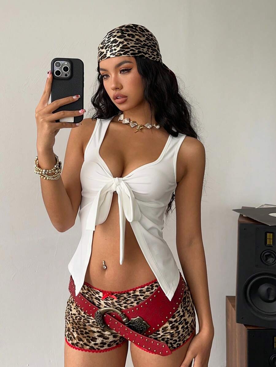 SHEIN Essnce Women's Solid Color Twist Front Slit Hem Sexy Tank Top