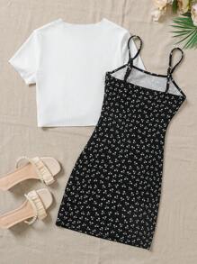 SHEIN 少女 2 件套：针织罗纹前系带上衣和碎花吊带裙，适合春季、夏季、度假、休闲、可爱