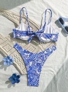 Bonvoyette 2 chiếc đồ bơi bikini in màu xanh nâng ngực, dây đeo có thể điều chỉnh, đồ bơi đi biển cho nữ - Xanh và trắng - Xem 2