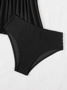 SHEIN 2pcs/Set Women's Textured Fabric Solid Color Spaghetti Strap Ruffle Hem Camisole & Tankini Swimwear Set, Summer Beachwear