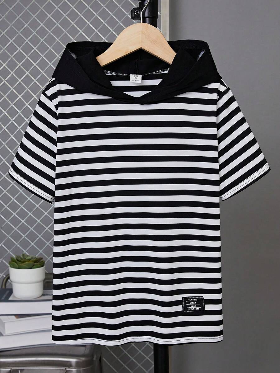 SHEIN 兒童中大童條紋印花拼接細節連帽t恤 - 黑與白 - 查看 1