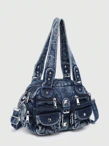 ROMWE Grunge Punk Women's Vintage Distressed Ombre Cross & Heart Decor Shoulder Tote Bag With Bowknot, Large Capacity Multi-Pocket Shoulder Bag - Blue - View 5