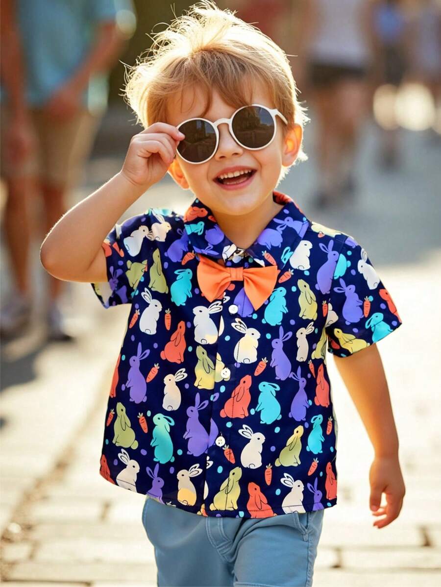 SHEIN Camisa de manga corta para niño bebé con cuello de pajarita y estampado de conejito de color contrastante