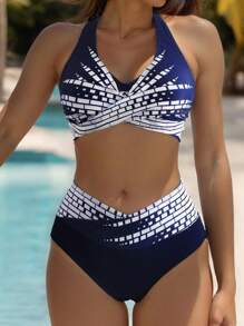 Swim Lushoire 女性夏季沙灘假期露背領簡約時尚比基尼套裝 - 藏蓝色 - 查看 1