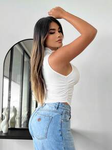 SHEIN PETITE CURVE 大码休闲纯色不对称下摆立领背心 - 白色 - 查看 5