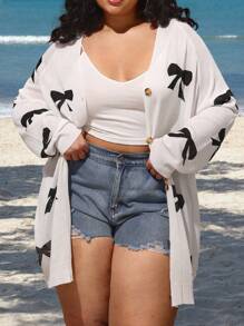 SHEIN CURVE+ Plus Size Bowknot Casual Cardigan, Lightweight Vacation Coverup, Beach Resort Sunscreen Outwear - White - View 1