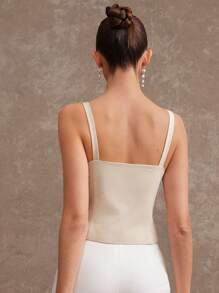 L'Amorae 夏季女士，女士，米色单排扣休闲修身吊带背心，大理石纹和金色纽扣，女式上衣，女式吊带背心，夏季上衣，短款上衣，老款，办公室女性，日常 - 杏色 - 查看 2