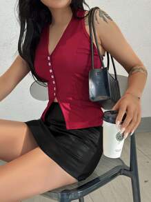 SHEIN Unity 女士休闲红色背心和吊带背心。 - 酒紅色 - 查看 6