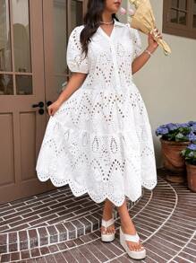 SHEIN EZwear 白色刺绣镂空大码短袖休闲连衣裙，夏季时尚 - 白色 - 查看 5