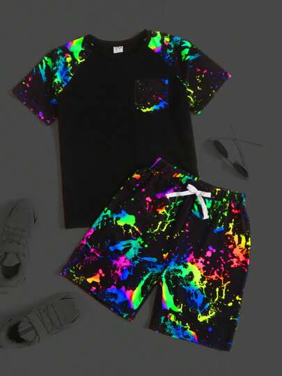 SHEIN Tween Boy Reflective Print Patched Pocket Raglan Sleeve Tee & Drawstring Waist Shorts