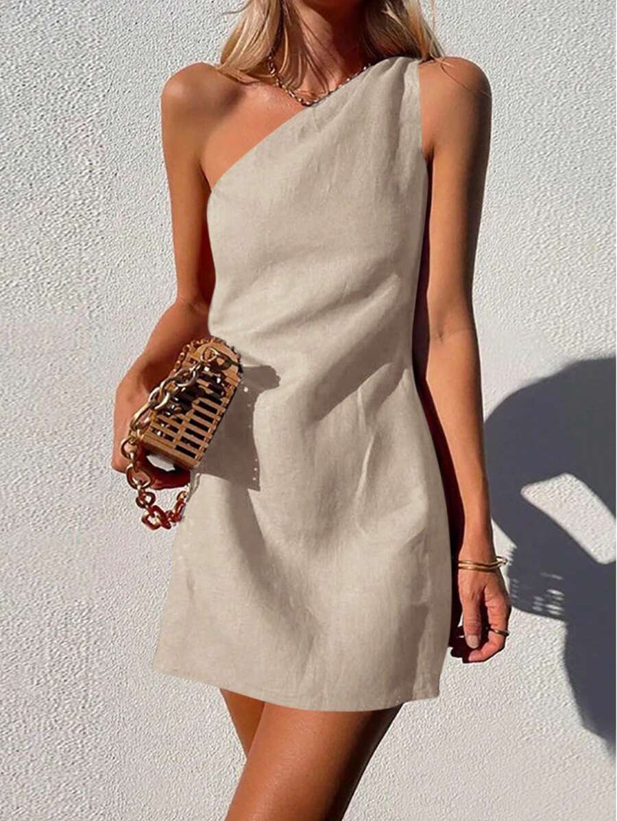 INAWLY 女士休闲简约无袖单肩迷你连衣裙