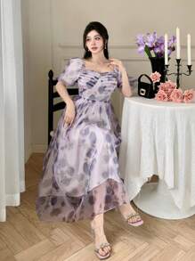 DAZY Women Mid-Calf V-Neck Pleated Rose Floral Print Casual Dress, Summer Boho Vacation Outfits Women - Mauve Purple - View 8
