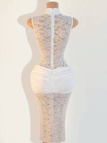 Mistrie 女士性感镂空侧开叉旗袍领蕾丝连衣裙 - 白色 - 查看 2