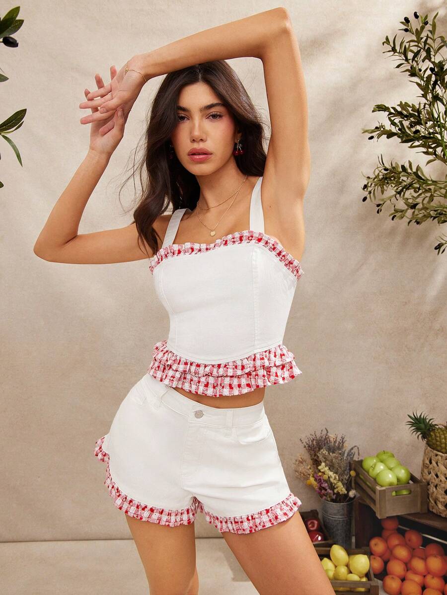 WESTFADE 西部混合媒体牛仔布和夏季花卉图案孔眼格子格子方领合身荷叶边背心春假 - 白色 - 查看 1