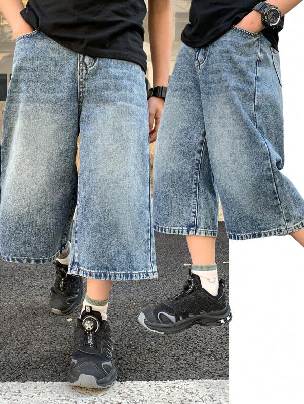 SHEIN Tween Boy Fashion Casual Vintage Blue Denim Basic Simple Crisp Denim Boy Shorts For Boy Costume Dailywear And Kids Summer Clothes