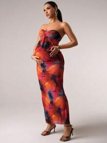MaterniChic 2pcs Maternity Set: Tie-Dye Print Twist Tube Top & Extra Long Skirt, Summer - Red - View 6