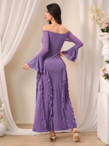 Modelyn Vestido casual extra largo de unicolor con hombros descubiertos, manga larga y parches de malla para mujer - Morado - Ver 5