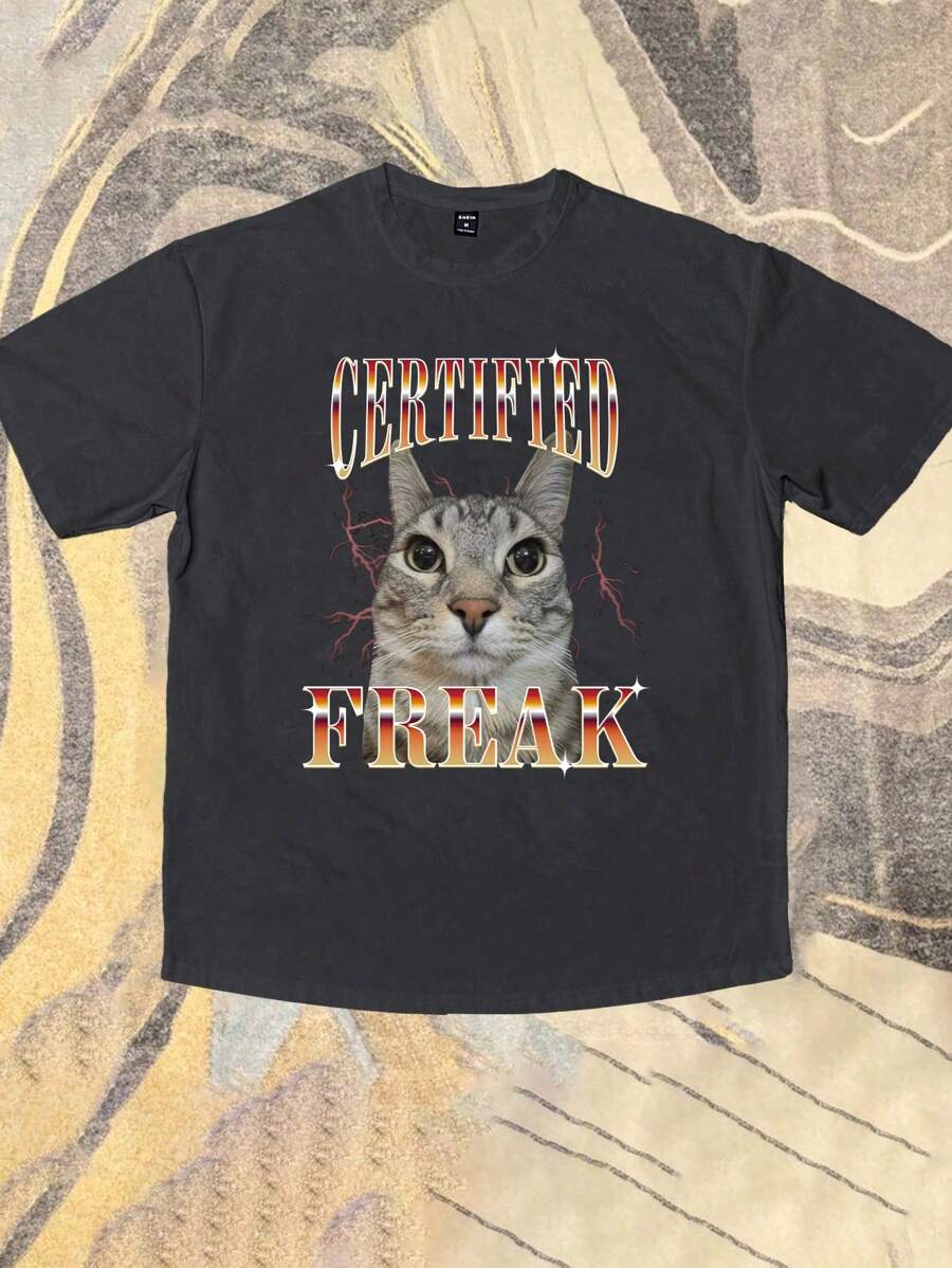 Manfinity Dauomo Áo thun nam tay ngắn in chữ mèo thường ngày - Màu xám đen - Xem 1