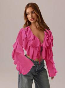 SHEIN SXY 黑色上衣；秋季女装；短款上衣；节日服装派对聚会黑色网眼透视荷叶吊带深 V 领女士性感长袖衬衫 - 玫紅色 - 查看 3