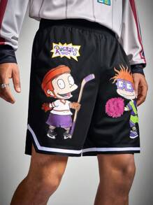 Nick 90s X SHEIN Heren Casual Losse Gebreide Cartoon Figuur Grafische Zwarte Shorts, Voor Basketbal