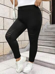 Calvaya Plus Size Fashion Elegant Slimming Sexy Mesh Distressed Leggings, Hot Taper Pants - Black - View 3
