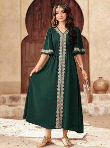 SHEIN Leap Crew 少女 V 领收腰中长修身短袖连衣裙