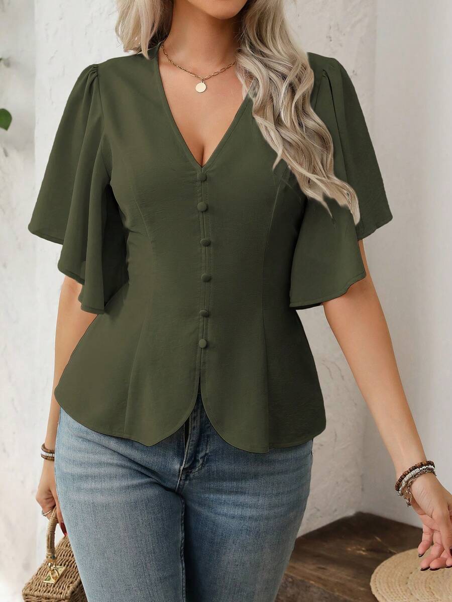 SHEIN Clasi Áo cánh chữ A dáng chữ A thanh lịch kiểu Pháp đi làm thường ngày cho nữ mùa xuân và mùa hè, màu trơn, cổ chữ V, cài nút, trang trí, tay loe, eo bó - màu xanh lá - Xem 1