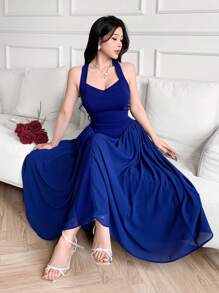 Feyla Vestido de tubo de unicolor con cuello halter hasta la pantorrilla, minimalista y de moda, adecuado para el verano, para mujeres