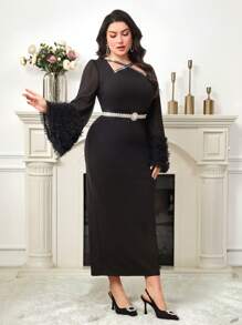 Modelyn Plus Size Women's V-Neck Rhinestone Crossed Design Puff Sleeve Elegant Dress