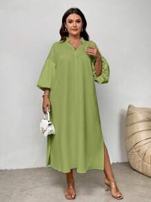 SHEIN Privé Plus Size Women's Elegant Vacation Beach Romantic Date Wedding Party Stand Collar Lantern Sleeve Mid-Length Loose Dress, Suitable For Summer - Green - View 8