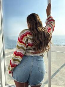 SHEIN Privé 全新春秋季休闲宽松彩虹系带针织设计大码女式开衫 - 彩色 - 查看 3