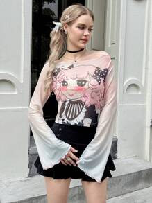 SHEIN Tricou decupat cu imprimeu cu personaje de desene animate pentru fete adolescente, ocazional, slim fit
