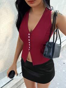 SHEIN Unity 女士休闲红色背心和吊带背心。 - 酒紅色 - 查看 4